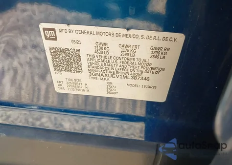 2021 Chevrolet Equinox Awd Lt from USA, damaged, VIN 3GNAXUEV1ML387346